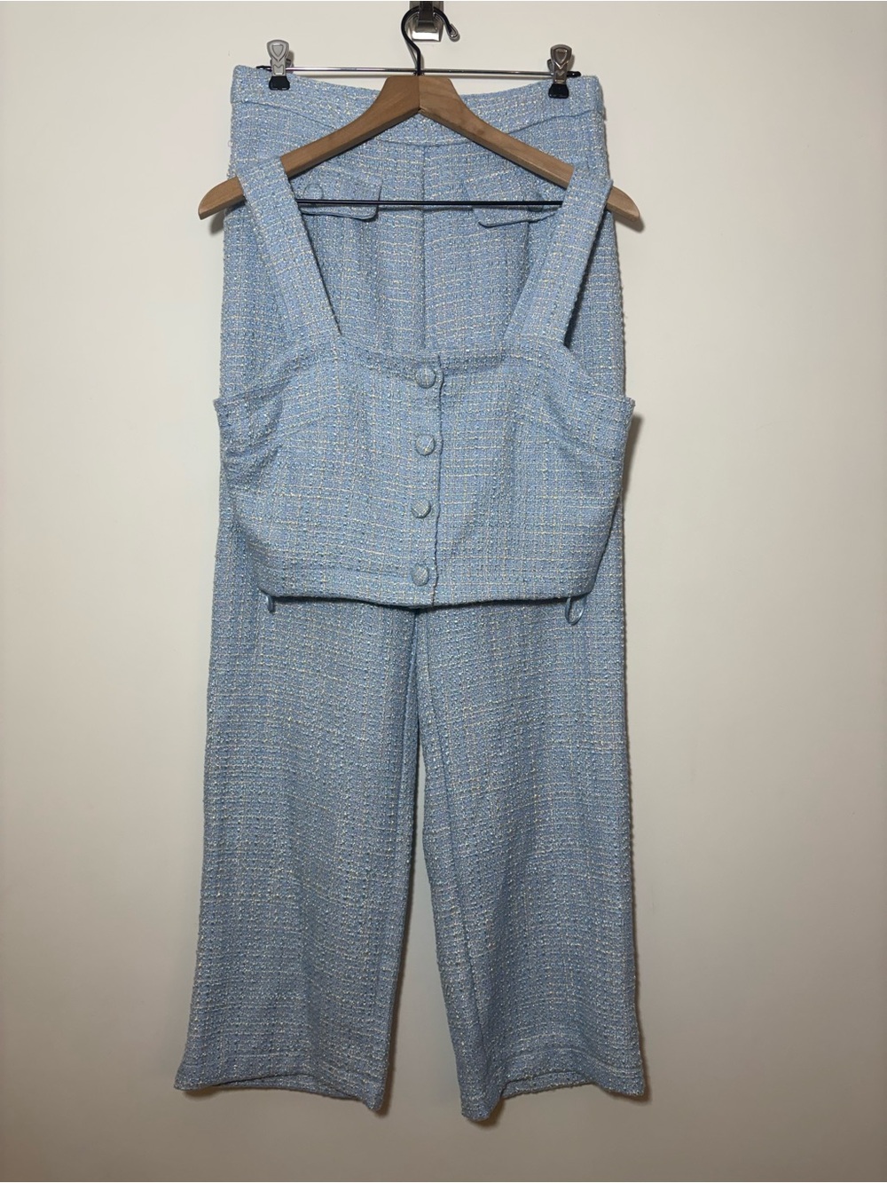 $425 JASON WU Baby Blue Tweed Plaid Matching Set High Rise Pants/Top Size 6 NWT